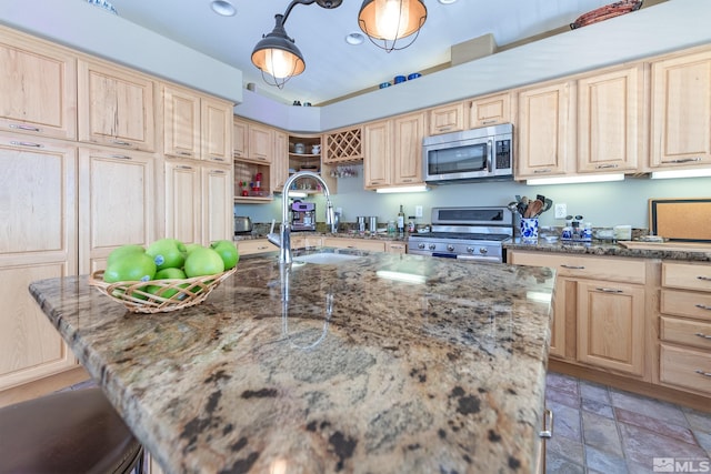 kitchen featuring light brown cabinets, light stone counters, stainless steel appliances, and sink