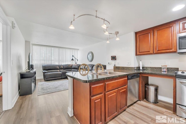 kitchen featuring light hardwood / wood-style flooring, stainless steel appliances, kitchen peninsula, and sink