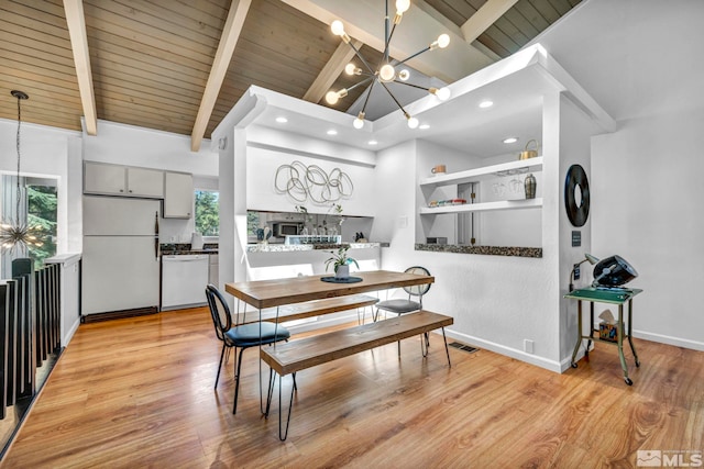 dining space featuring a notable chandelier, light wood-type flooring, and lofted ceiling with beams