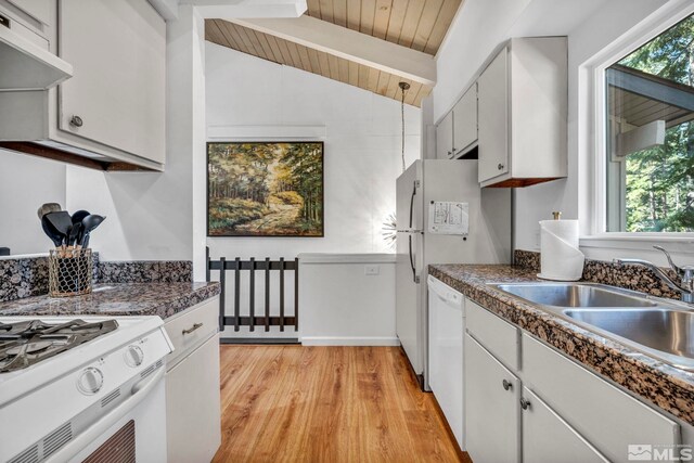 kitchen featuring lofted ceiling with beams, light hardwood / wood-style flooring, wooden ceiling, white appliances, and sink