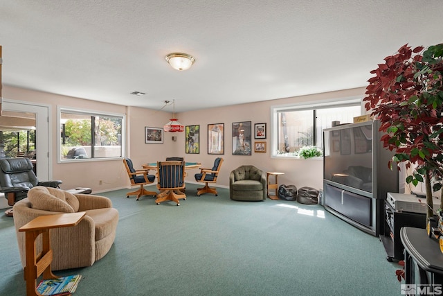 carpeted living room with a textured ceiling