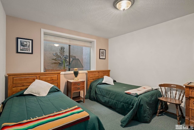 carpeted bedroom with a textured ceiling