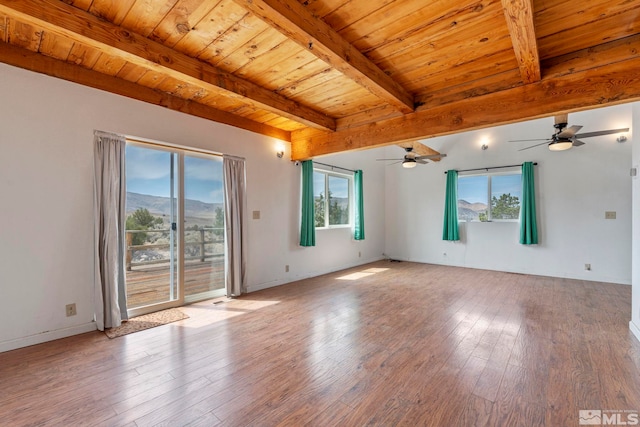 empty room with wooden ceiling, hardwood / wood-style flooring, a healthy amount of sunlight, and beam ceiling