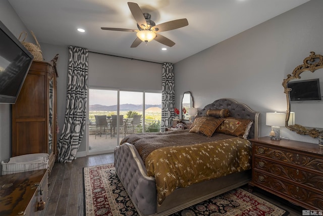 bedroom with hardwood / wood-style floors, access to exterior, recessed lighting, and ceiling fan