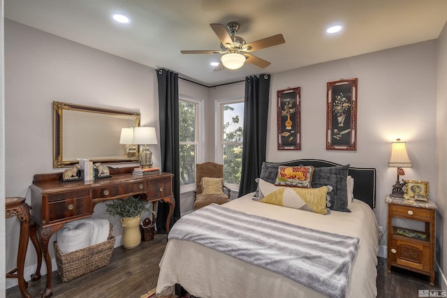 bedroom with recessed lighting, wood finished floors, and ceiling fan