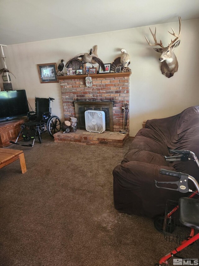 living room featuring a fireplace and carpet