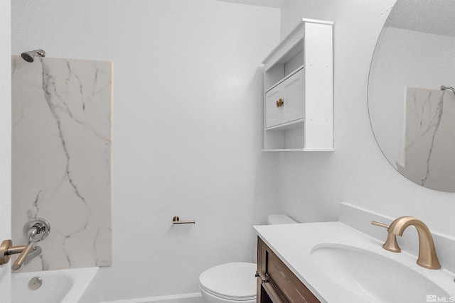 bathroom featuring vanity, toilet, baseboards, and shower / bathtub combination