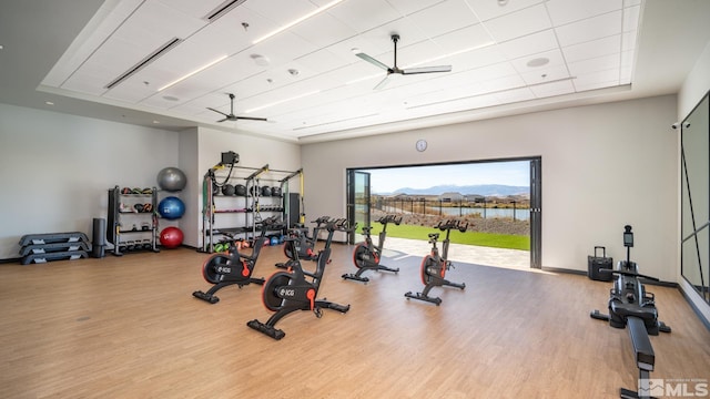 exercise room with baseboards, a tray ceiling, a ceiling fan, and wood finished floors