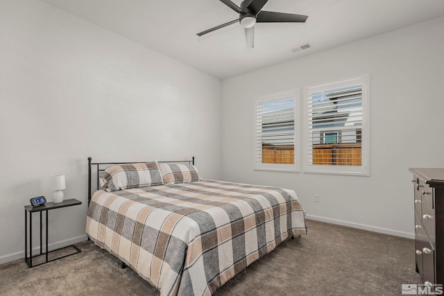 bedroom with a ceiling fan, baseboards, visible vents, and carpet floors