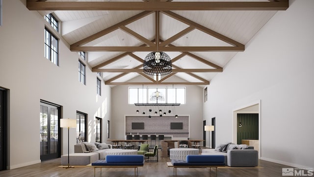 living room with beam ceiling, a notable chandelier, baseboards, and wood finished floors