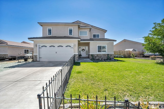 front facade with a garage and a front yard