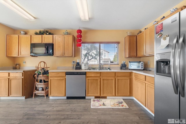 kitchen featuring light brown cabinets, stainless steel appliances, dark hardwood / wood-style floors, and sink