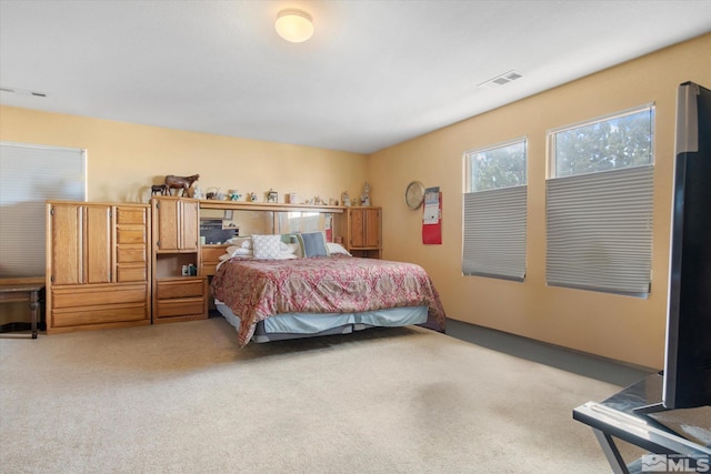 bedroom with light colored carpet