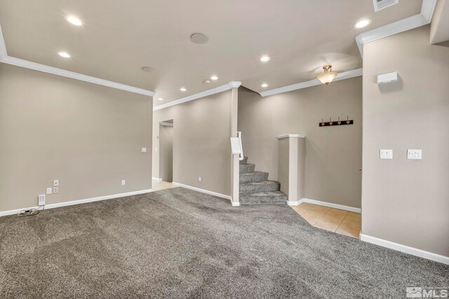 carpeted empty room with crown molding