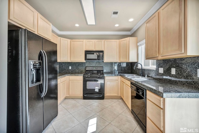 kitchen featuring black appliances, light tile patterned floors, crown molding, sink, and light brown cabinets