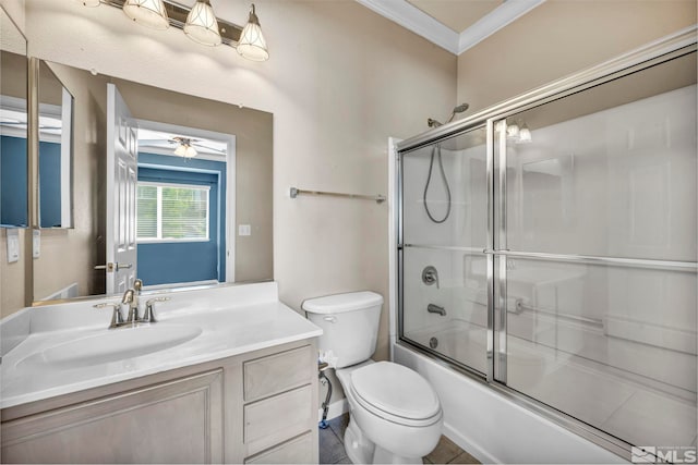 full bathroom with toilet, tile patterned flooring, crown molding, vanity, and enclosed tub / shower combo