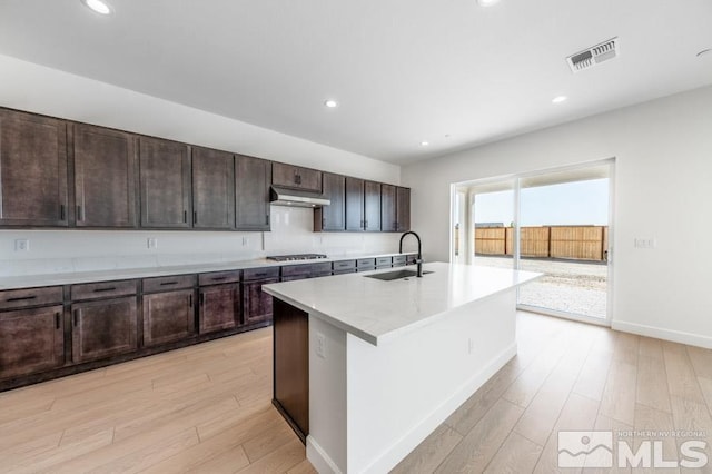 kitchen with an island with sink, dark brown cabinets, light hardwood / wood-style flooring, stainless steel gas stovetop, and sink