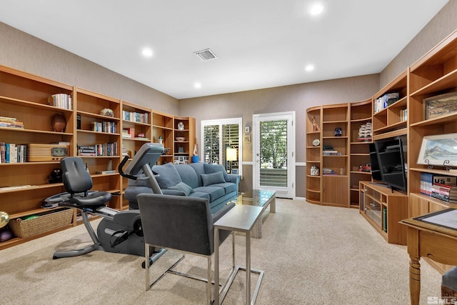 living room featuring light colored carpet