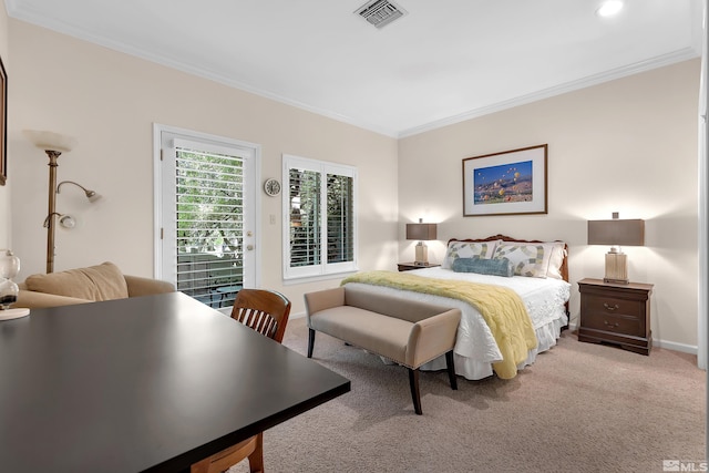 bedroom with carpet flooring, access to exterior, and ornamental molding