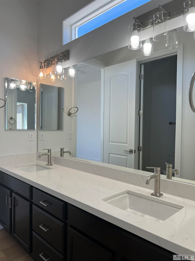 bathroom with vanity and hardwood / wood-style flooring