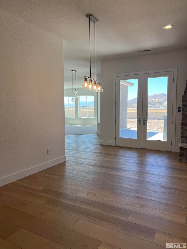 empty room featuring hardwood / wood-style flooring, a wealth of natural light, a textured ceiling, and french doors