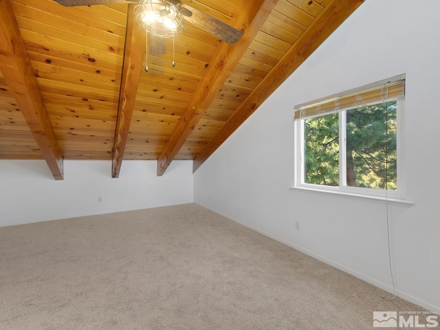 bonus room with wood ceiling, ceiling fan, beam ceiling, and carpet floors