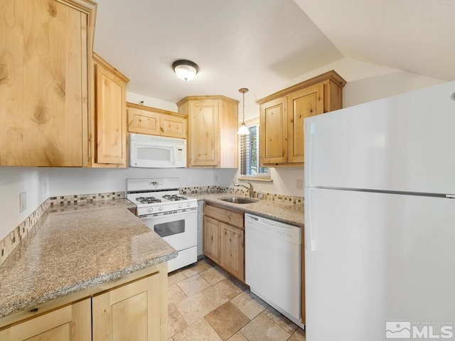 kitchen with hanging light fixtures, white appliances, light stone counters, sink, and light brown cabinets