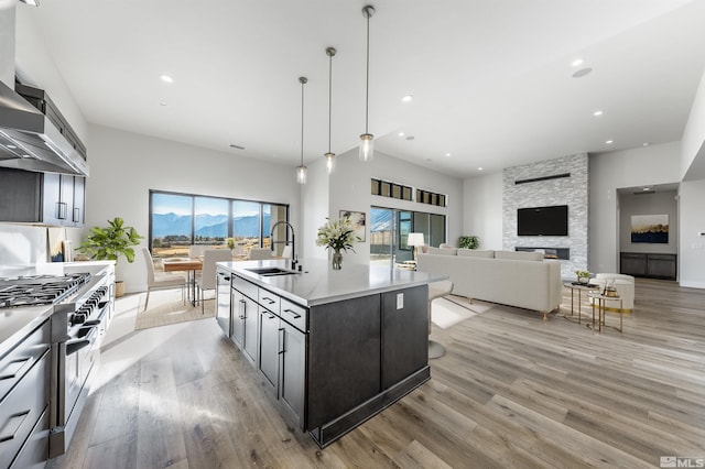 kitchen featuring pendant lighting, sink, double oven range, light hardwood / wood-style floors, and an island with sink