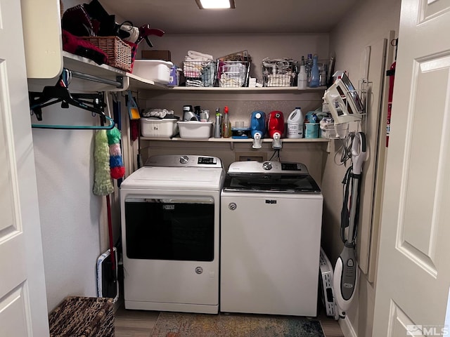 clothes washing area featuring wood-type flooring and washer and clothes dryer