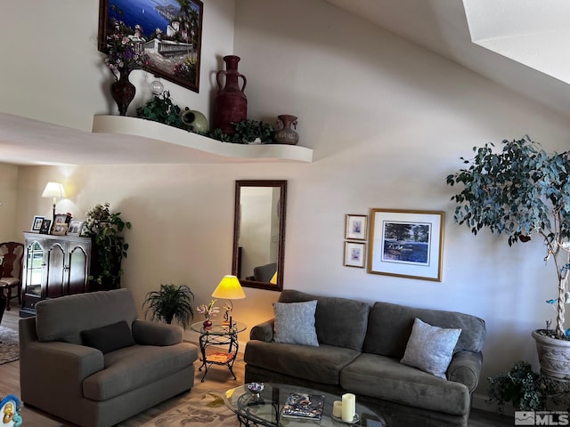 living room featuring high vaulted ceiling and wood-type flooring