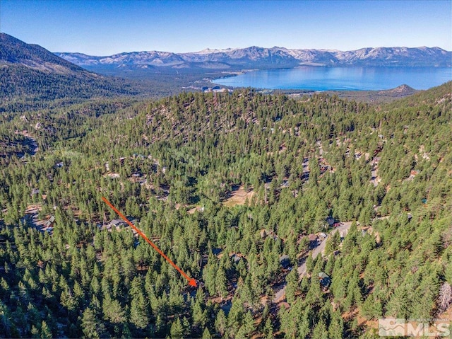 bird's eye view featuring a water and mountain view