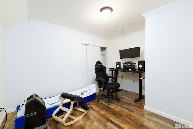 home office featuring crown molding and dark wood-type flooring