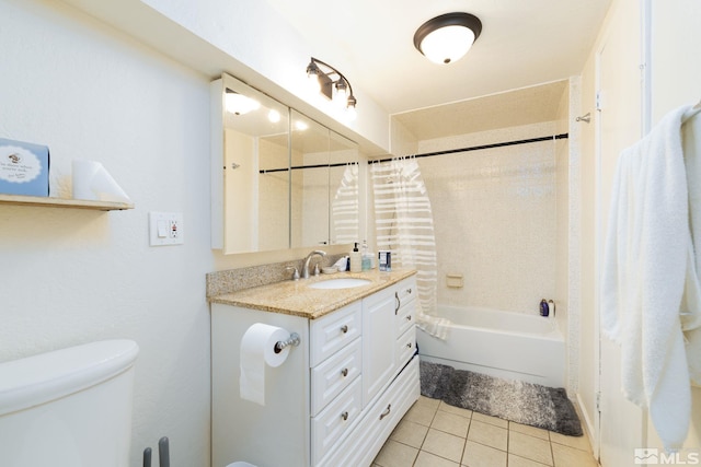 full bathroom with shower / bath combination with curtain, tile patterned flooring, vanity, and toilet