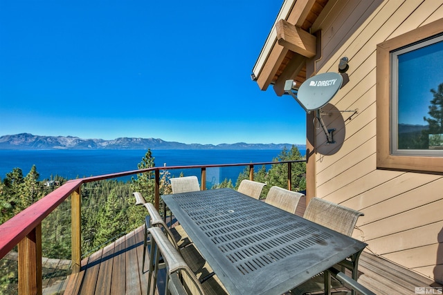 wooden deck with a water and mountain view