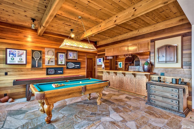 recreation room with billiards, beamed ceiling, wooden walls, and wood ceiling