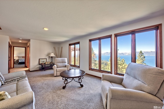 carpeted living room with a water view