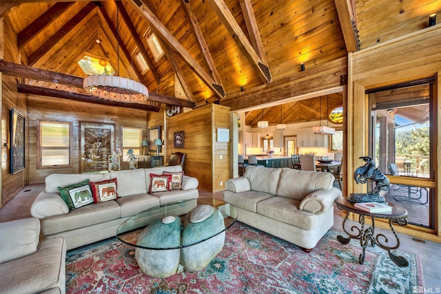 living room featuring wood ceiling, wood walls, beamed ceiling, and high vaulted ceiling