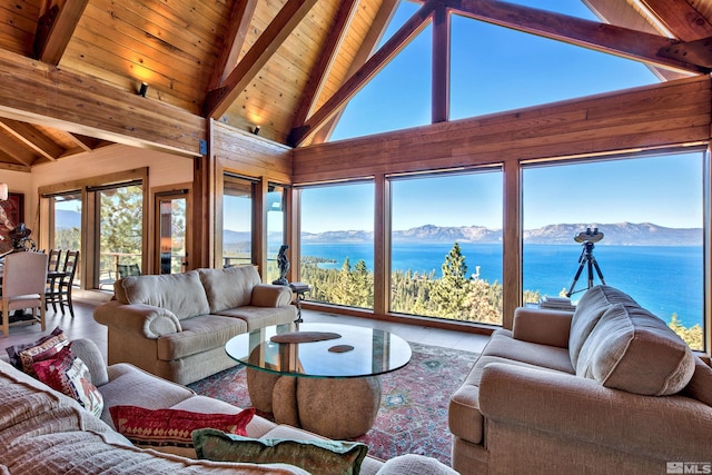 tiled living room featuring high vaulted ceiling, wood ceiling, beam ceiling, and a water and mountain view