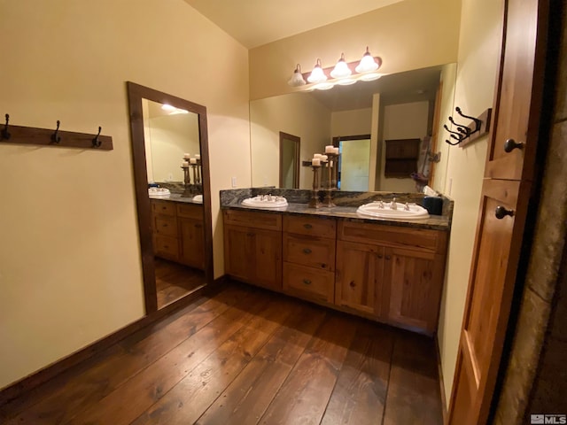 bathroom with wood-type flooring and vanity