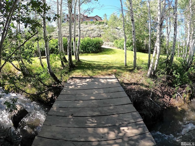 surrounding community featuring a lawn and a water view