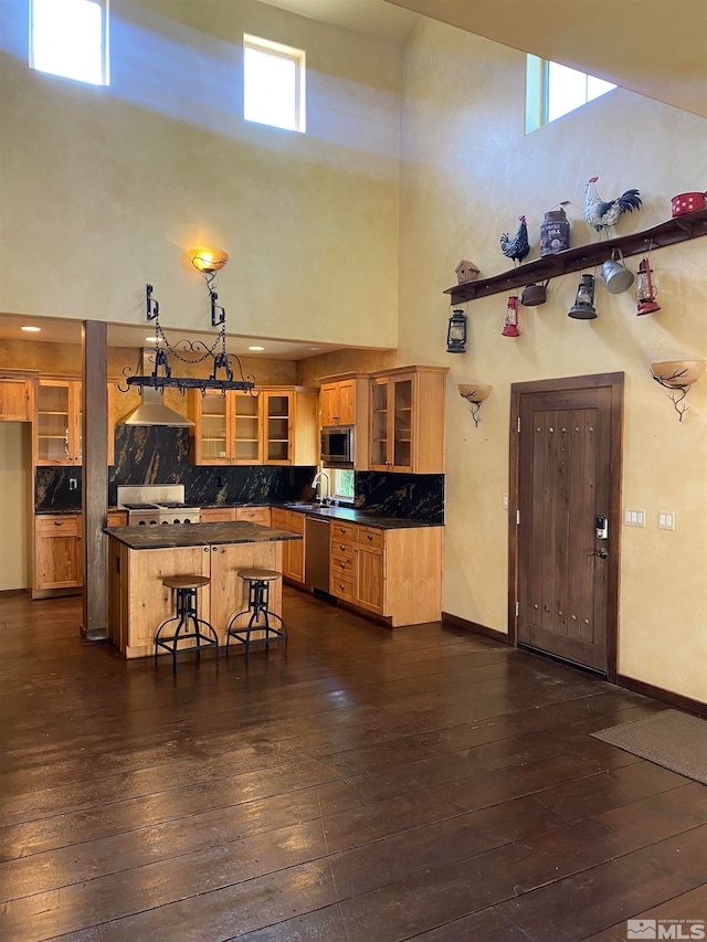 kitchen featuring a breakfast bar, a high ceiling, appliances with stainless steel finishes, and dark wood-type flooring