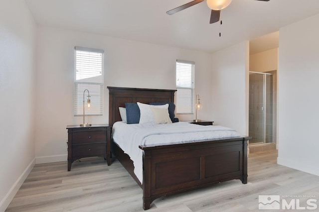 bedroom with light hardwood / wood-style flooring, multiple windows, and ceiling fan