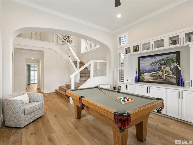 rec room with a healthy amount of sunlight, light hardwood / wood-style flooring, and billiards