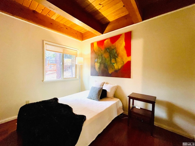 bedroom with wooden ceiling and beam ceiling