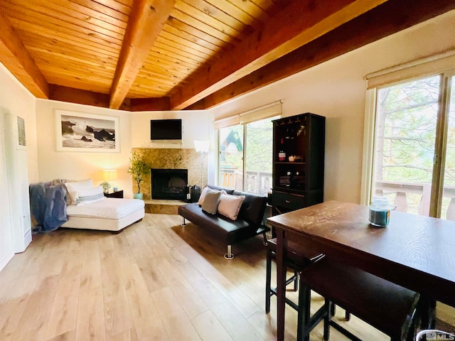 living room featuring beamed ceiling, a fireplace, light hardwood / wood-style floors, and a wealth of natural light