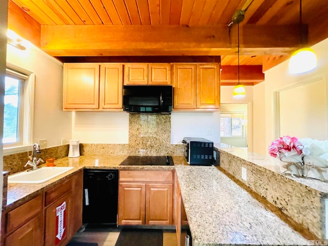 kitchen featuring wood ceiling, sink, beam ceiling, hanging light fixtures, and black appliances