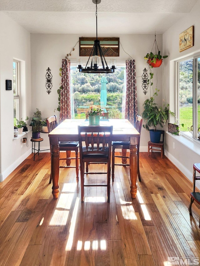 dining space featuring a chandelier, a textured ceiling, and hardwood / wood-style flooring