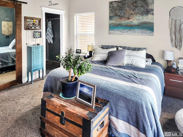 bedroom featuring a closet, a barn door, and carpet