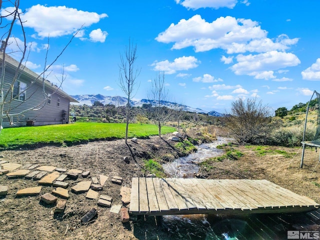 view of yard featuring a boat dock and a mountain view