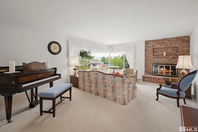 living room featuring a fireplace and light colored carpet